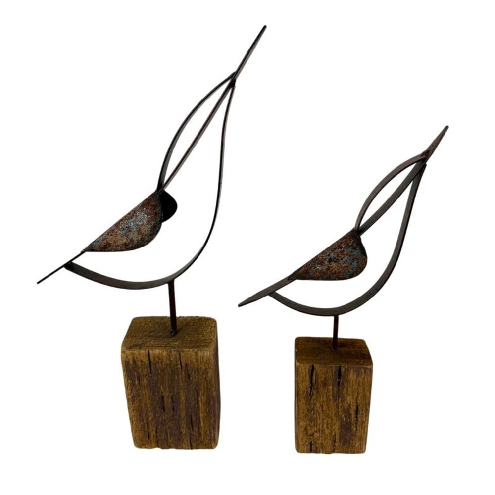 Abstract Bird Statues Set of 2 Rustic Wood Metal Tabletop Sculptures 13.25in
